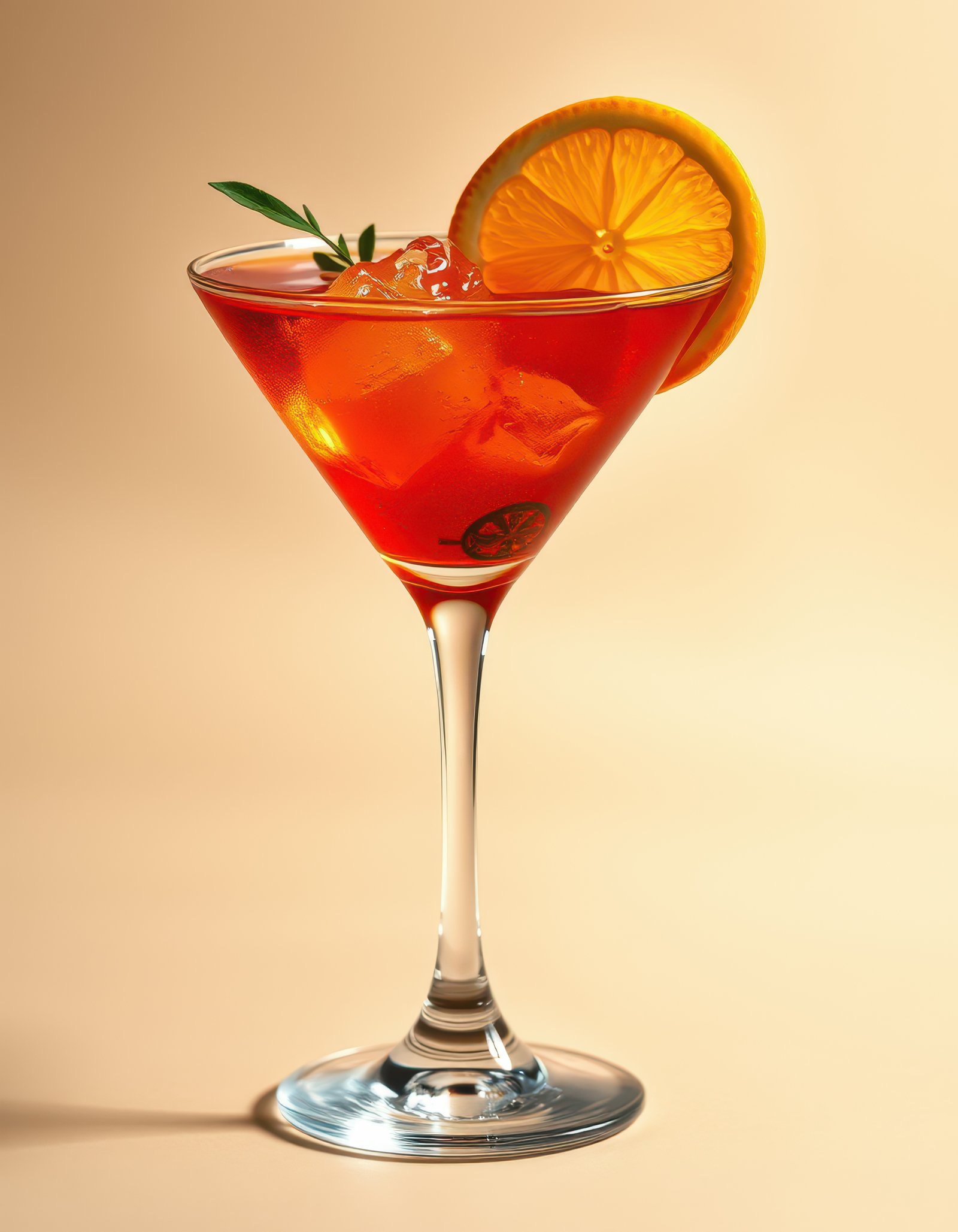 Bright cocktail with orange slice and herbs served in elegant glass against light background